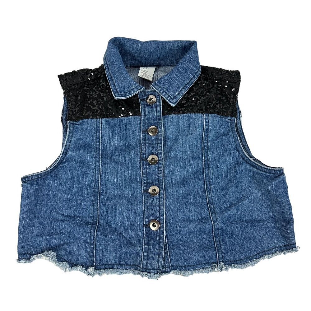 Weissman Women's Denim Vest With Sequin Shoulders & Frayed Hem Size S